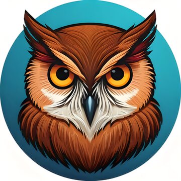 Detailed owl illustration with striking eyes and vibrant colors on blue background.