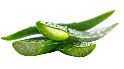 Freshly cut aloe vera plant slices isolated on transparent background