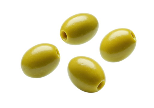 Four vibrant emerald green pitted olives, glossy and textured, dynamically suspended against a pristine bright white studio background with high-key lighting. Premium Mediterranean ingredients concept