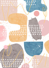 Modern abstract watercolor background featuring colorful organic shapes, dots, and hand-drawn lines. Soft pastel tones and textured paper.