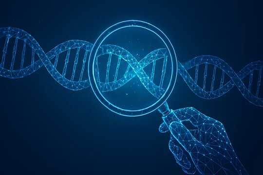 Magnifying glass examining a glowing blue digital dna helix