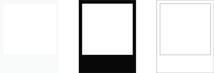 Realistic empty photo card frame, film set. Retro vintage photograph with transparent adhesive tape and paper clip. Digital snapshot image. Template or mockup for design. Vector illustration.