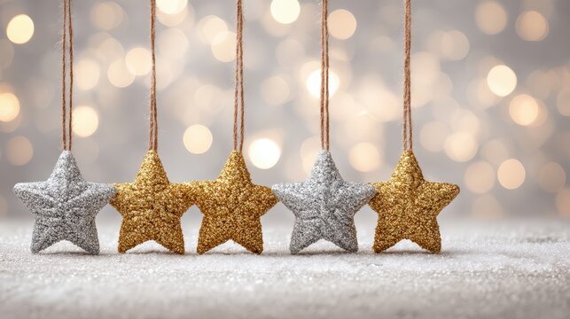 Five shimmering star shaped ornaments hang in a row against a festive background of soft lights
