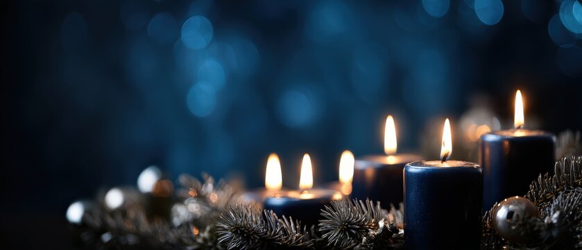 Four Advent Candles Burning with Festive Christmas Decorations on a Dark Blue Background for Holiday Season and Celebration