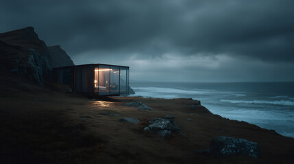 Fototapeta premium Cozy off-grid house built into the rocks, eco-friendly architecture and autonomous lifestyle.