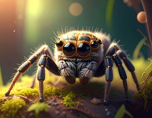 A close-up, digital rendering of a jumping spider with large eyes and furry appendages, set in a sun-dappled, green, natural environment