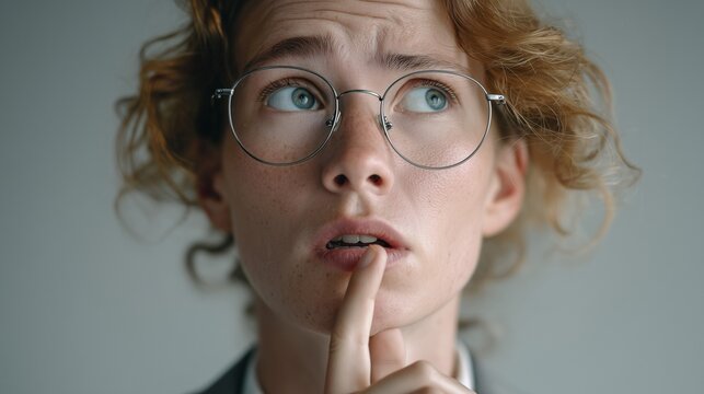 Close-up portrait of a thoughtful young woman in round glasses looking up, with her finger on her lip. Female employee thinking, solving problems, and decision-making concept.