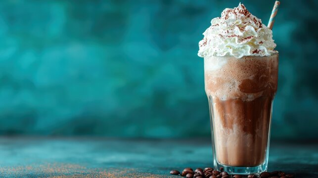Tall glass of iced coffee beverage topped with whipped cream sits on a surface with scattered beans - Powered by Adobe