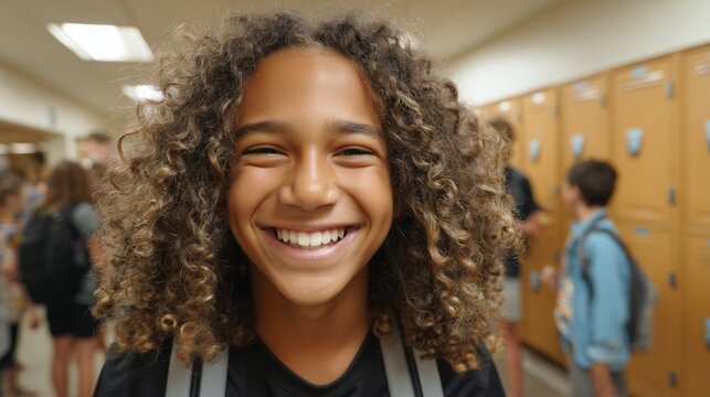 Close-up portrait of a happy, smiling mixed-race boy with curly hair in a school hallway near lockers. Joyful student, youth, and back to school concept.
