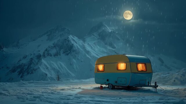 A brightly lit caravan sits in a snowy mountain landscape under a full moon with falling snowflakes during a winter night