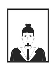 Employee of the month highlighted in frame 2D line character. Selected candidate. Professional european man with topknot and goatee isolated vector ink outline person. Monochromatic spot illustration