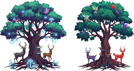 Magical fantasy trees with glowing fairies, colorful deer, and luminous mushrooms in enchanted forest illustration for mystical artwork and stories © Shuvo Creative