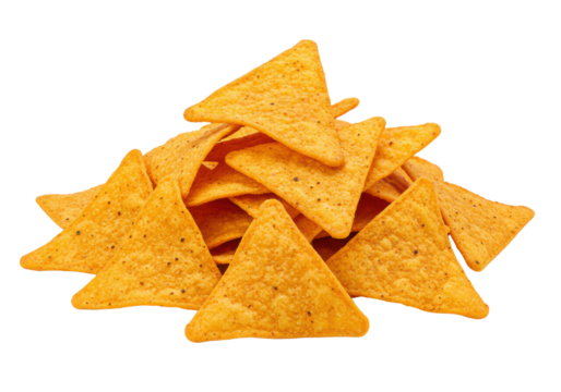 Crisp, vibrant golden-orange corn tortilla chips with dark seasoning, artfully stacked on a seamless transparent background with ample negative space for text, concept for snack food advertising