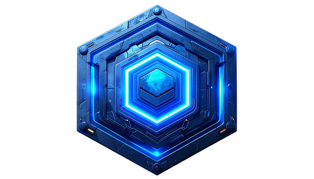 Futuristic tech logo concept with glowing blue lines and hexagonal structure, isolated on transparent background.