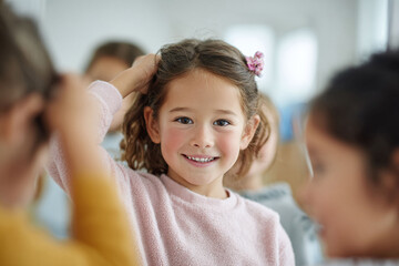 Obraz premium Charming portrait of a young girl smiling brightly, surrounded by friends. Captures childhood joy, innocence, and social interaction. Ideal for education or family themes.