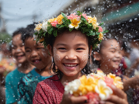 Smiling children celebrate with water and flowers. Festival fun, tradition, and vibrant culture. Perfect for travel, community, and joyful event campaigns.