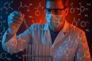 Scientist in lab coat with test tubes and chemical formulas in background