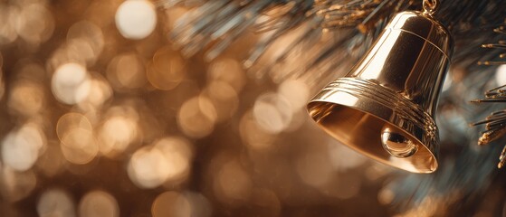 Elegant golden Christmas bell ornament hanging on pine tree branch with bokeh lights background Festive holiday season decoration with warm, inviting mood