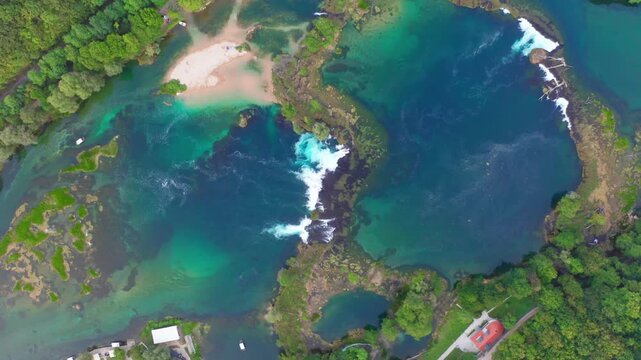 Aerial shoot of river Una near Bihać, Bosnia and Herzegovina.	

