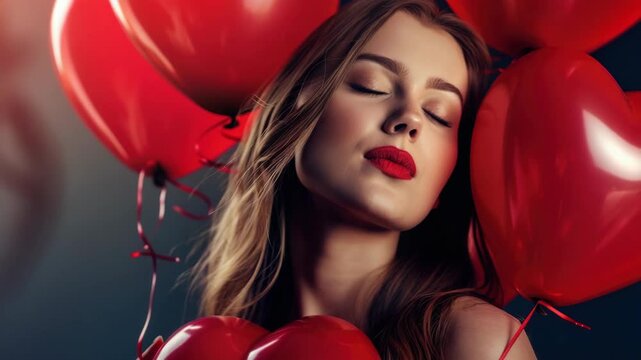 Elegant model holding red balloons, wearing bold lipstick against dark backdrop.