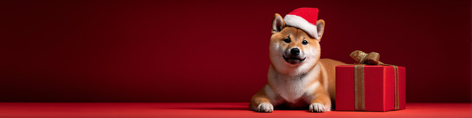 Shiba inu wearing Santa hat with Christmas gift, red background banner