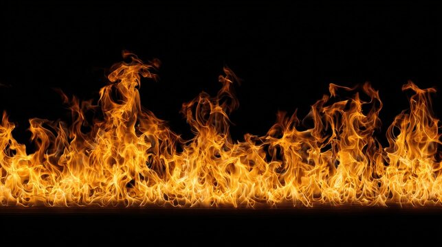 Intense orange flames burn across the bottom edge against a deep black background