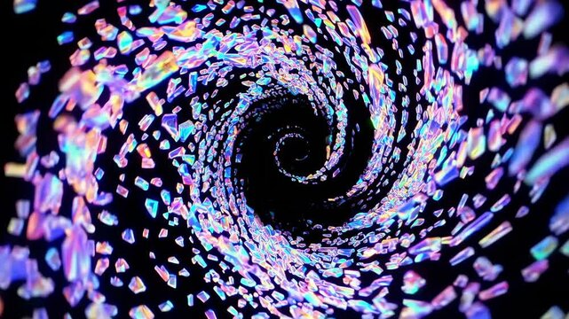 Swirling vortex of colorful prismatic shards creating a dynamic and mesmerizing pattern against a dark background.