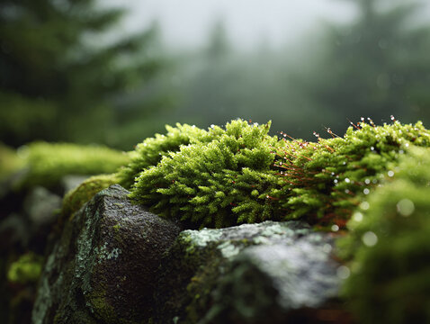 Lush green moss covers a weathered stone in a misty forest. Symbolizing growth, resilience, and natural beauty. Perfect for ecological or serene themed designs.