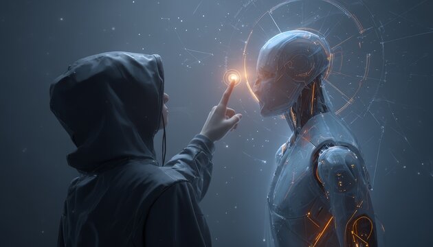 Dramatic encounter between human and AI, neon-lit circuitry, glassy biomechanical silhouette, city lights in the background.