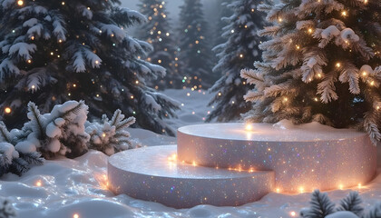 podium with christmas tree on snow
