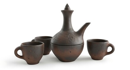 Ceramic coffee pot and cups on white background