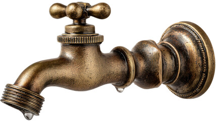 Vintage brass water faucet with handle and plumbing pipe isolated on white