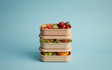 Healthy lunchboxes filled with fresh fruits and vegetables stacked on a pastel blue background