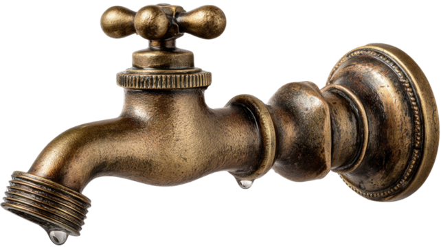 Vintage brass water faucet with handle and plumbing pipe isolated on white