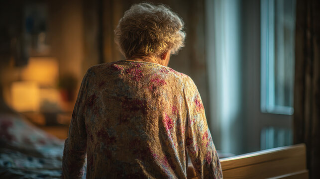 Elderly person sitting on the edge of a bed in a softly lit room looking out of a window with a contemplative posture wearing a colorful patterned shirt indoors