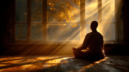 Peaceful figure meditating by window bathed in golden morning light 