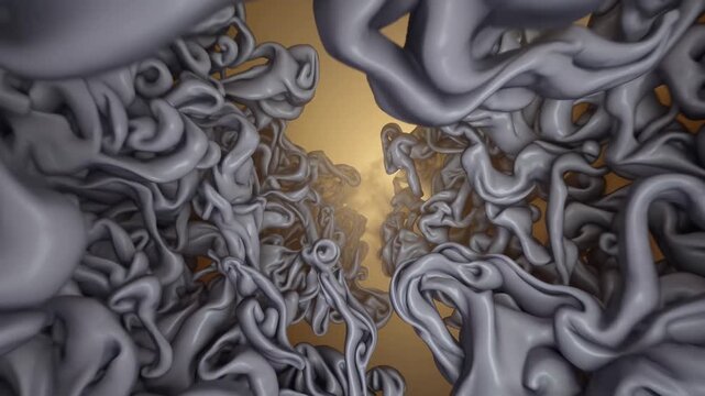 Complex gray intertwined shapes create a mesmerizing pattern against a soft warm background evoking movement and fluidity