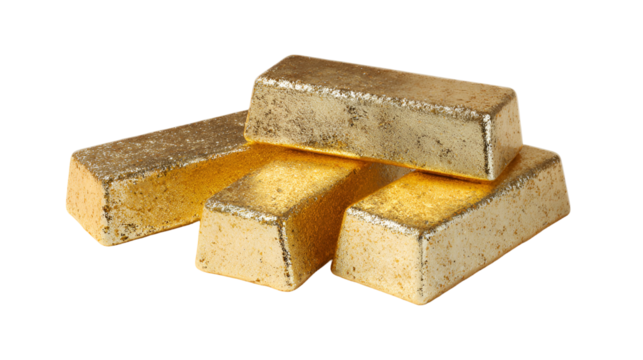 Stack of shiny gold bars isolated on transparent background