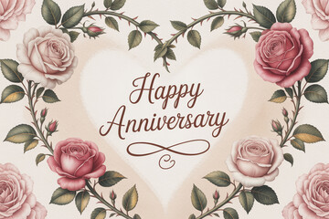 Romantic happy anniversary wishes with beautiful pink roses and a heart shaped floral frame create a stunning elegant greeting card or invitation for a special couple