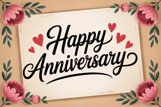 Celebrate a special milestone with this elegant Happy Anniversary message adorned with delicate floral accents and charming heart details for a heartfelt celebration