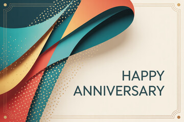 Celebrate a special milestone with this elegant Happy Anniversary design featuring vibrant colors, geometric patterns, and a touch of golden sparkle for a festive feel