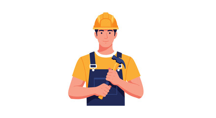 Reliable construction worker holding hammer and wearing hard hat ready for any building project or home renovation job with confidence and skill
