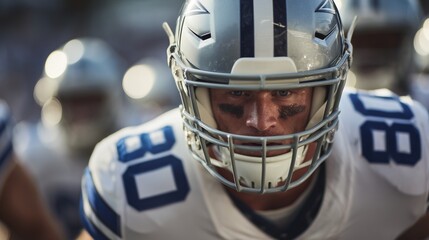 Intense close-up of a determined American football player in uniform and helmet, ready to play, with eye black applied under his eyes. Focus on motivation and sport.