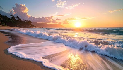 Macro photo of a dandelion seed head captured mid-frame with delicate seeds dispersing against a soft focus natural green background illuminated by warm light