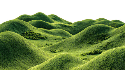 Rolling green grassy hills with soft light and shadows isolated on transparent background
