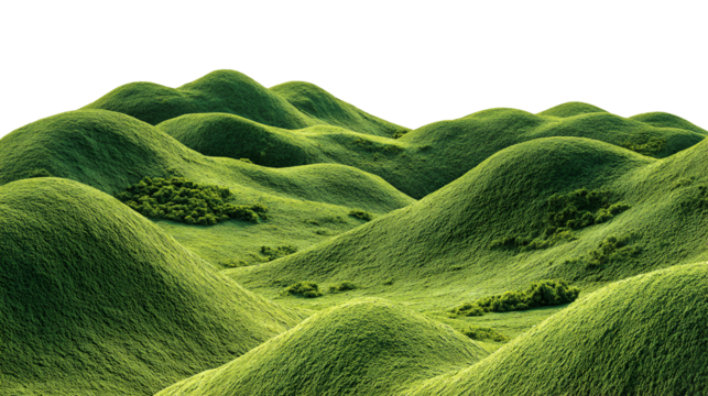 Rolling green grassy hills with soft light and shadows isolated on transparent background - Powered by Adobe