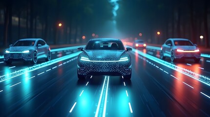 Sleek self driving car on glowing highway shows the future of transportation and automotive technology