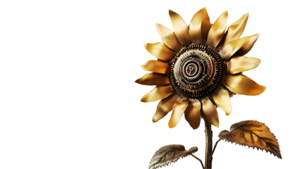 Intricate mechanical flowers made of gears and metal parts on transparent background. Detailed compositions combining floral elegance with futuristic and steampunk-inspired industrial aesthetics.