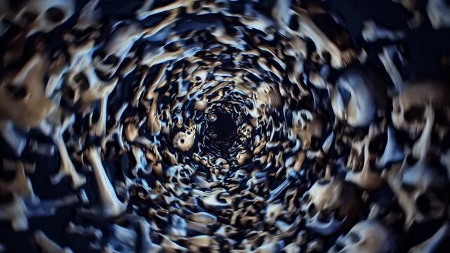 Spiral formation of human skulls creates a mesmerizing abstract pattern with a sense of motion and depth