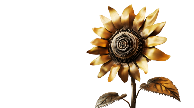 Intricate mechanical flowers made of gears and metal parts on transparent background. Detailed compositions combining floral elegance with futuristic and steampunk-inspired industrial aesthetics.